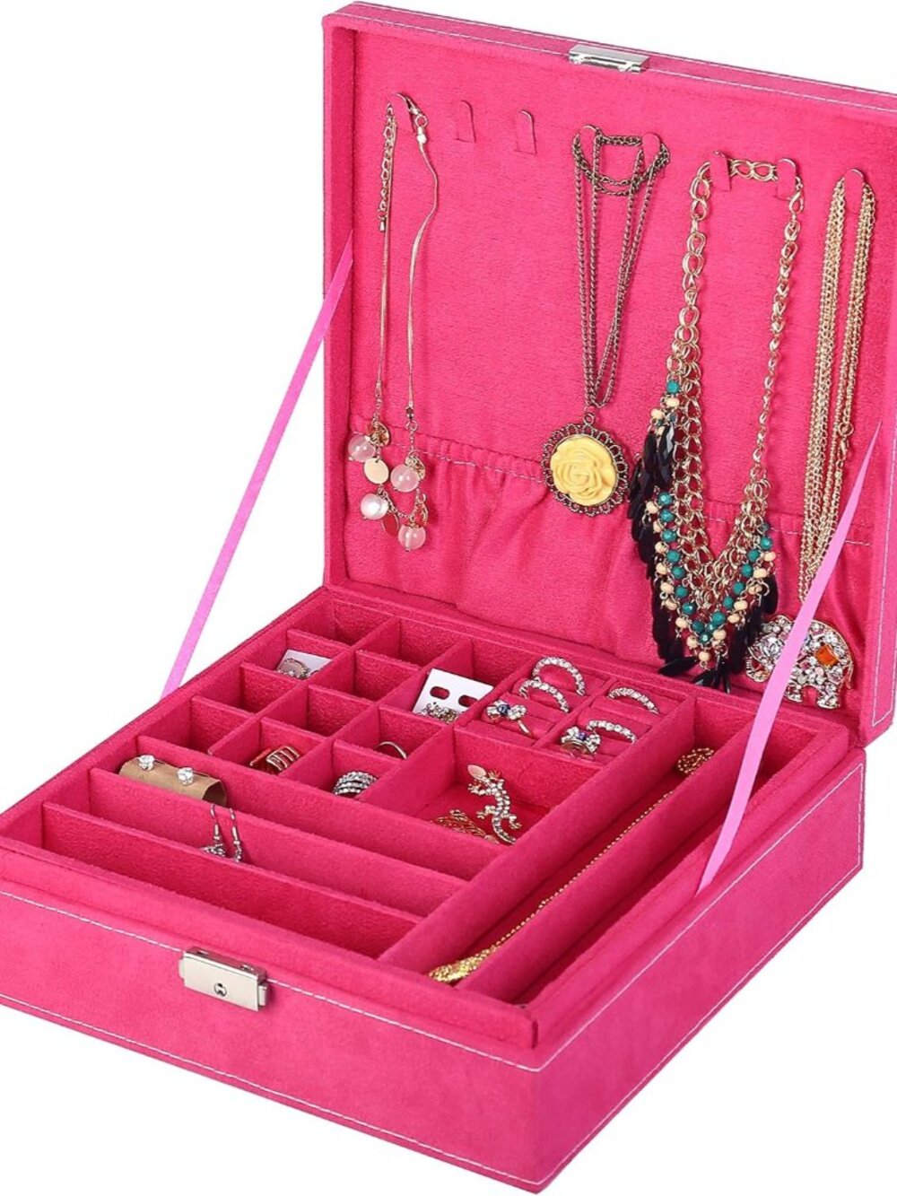 Two-Layer Jewelry Box Organizer Display Storage case with Lock Rose